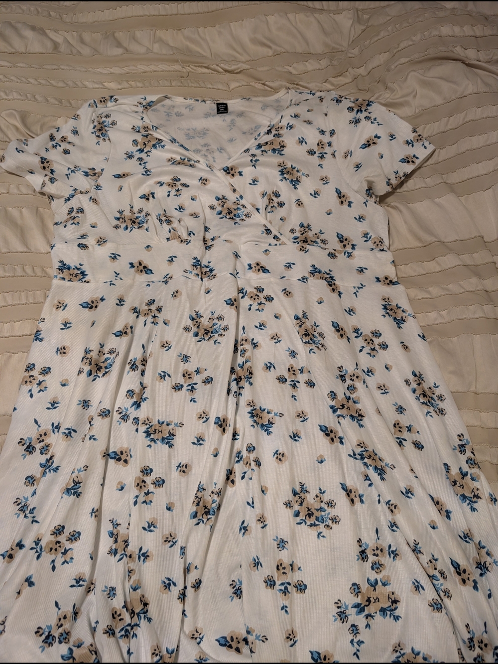 SHEIN White Floral Wrap Midi Dress with Blue and Tan Flowers